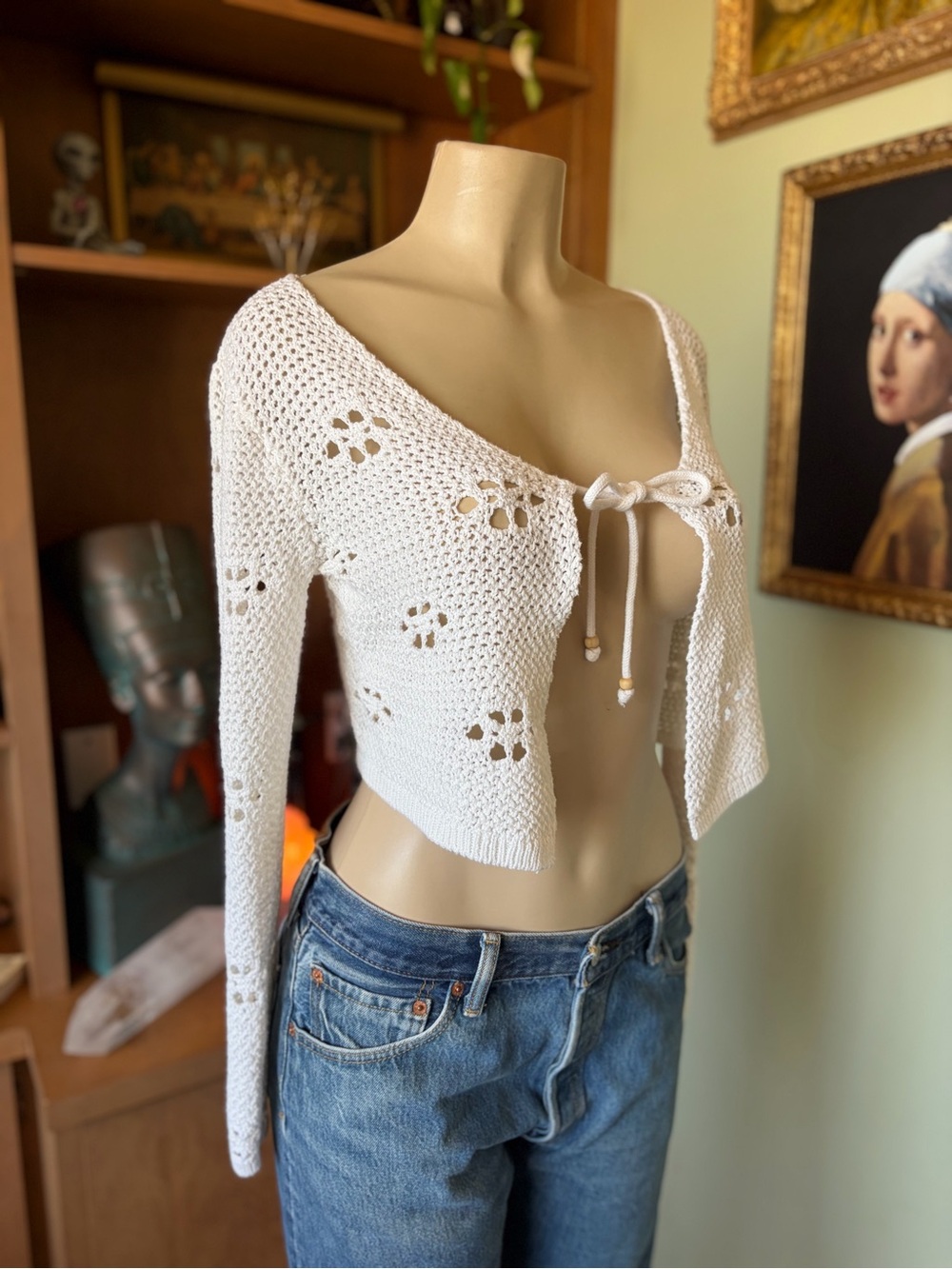 Open Crochet White Tie-Front Hippie Beachy Cardigan Boho Sweater Top Size M - Picture 12 of 16